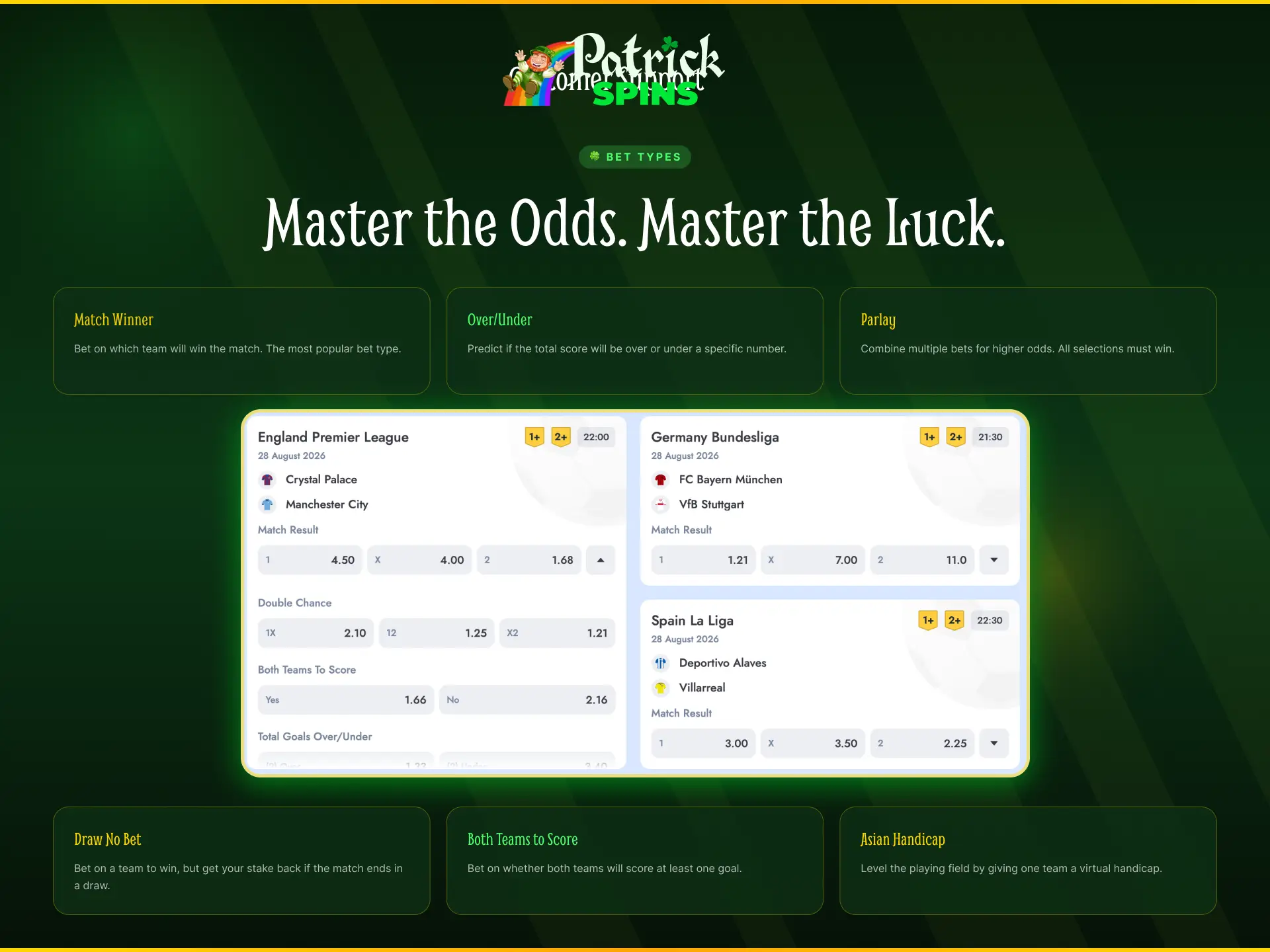 Types of bets at Patrickspins including singles, accumulators, and system bets.
