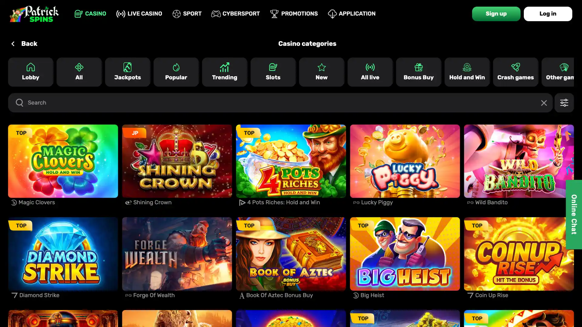 Casino lobby on Patrickspins with slots, table games, and live dealers.