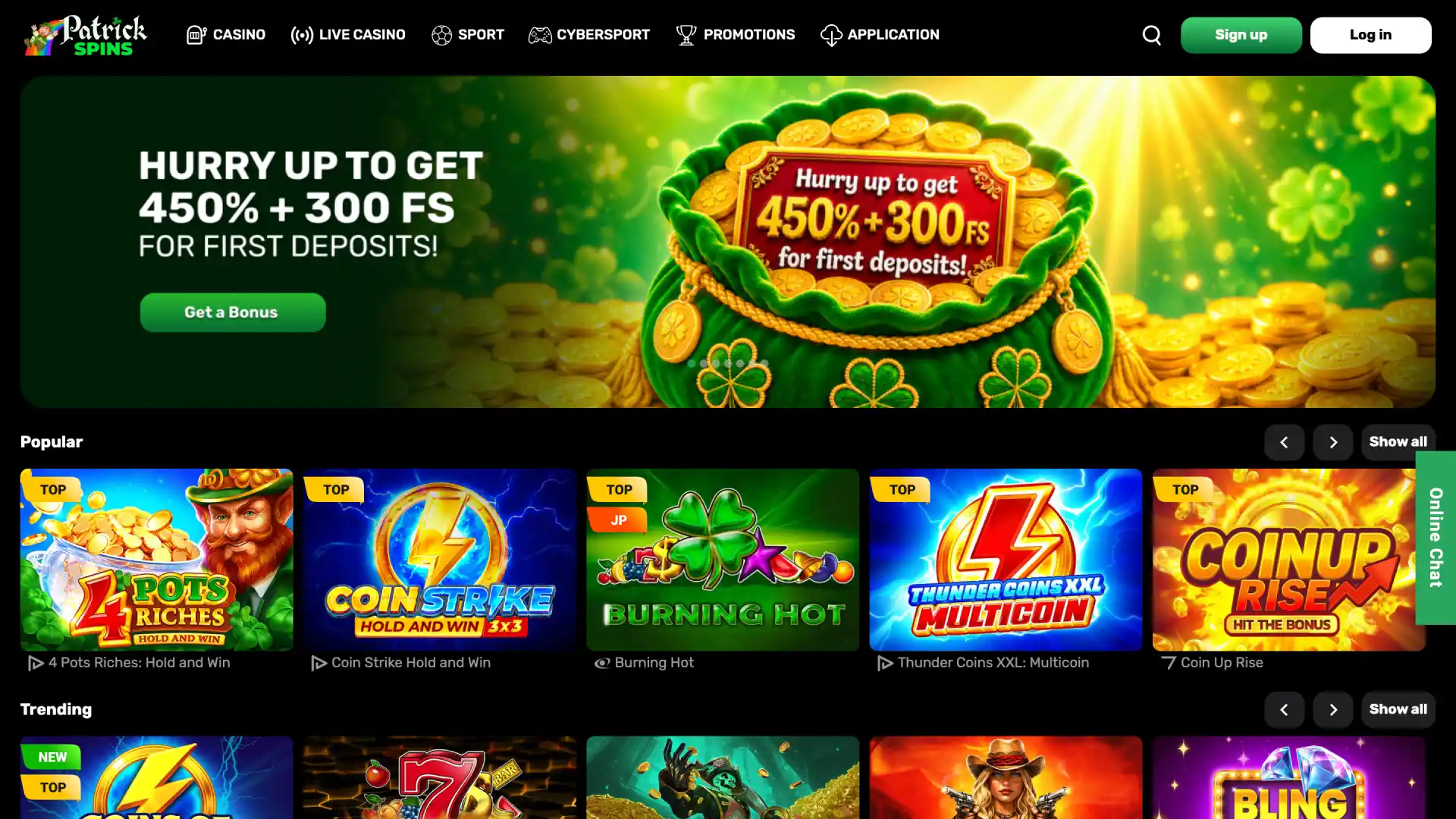 Patrickspins homepage with access to sports, casino, and live events.