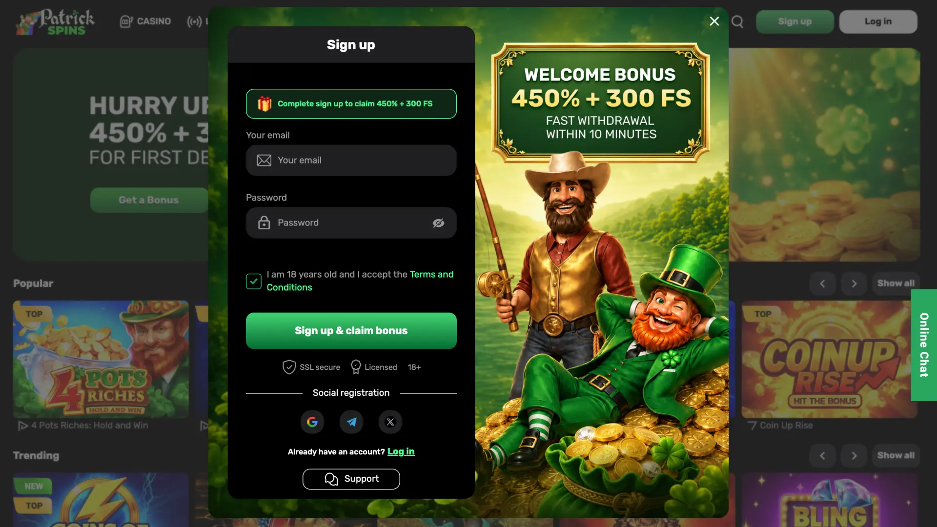 Registration form on Patrickspins for creating your new betting account.