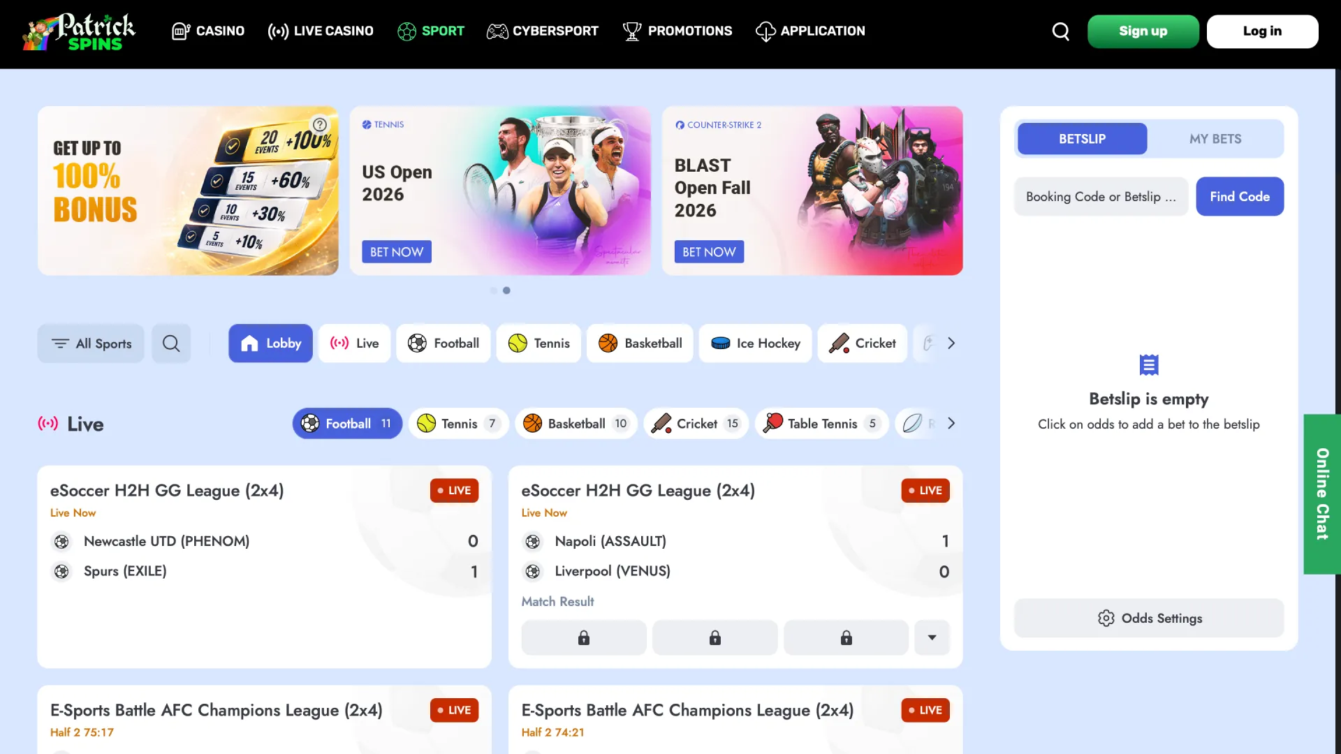 Sports betting interface on Patrickspins with live odds and upcoming matches.