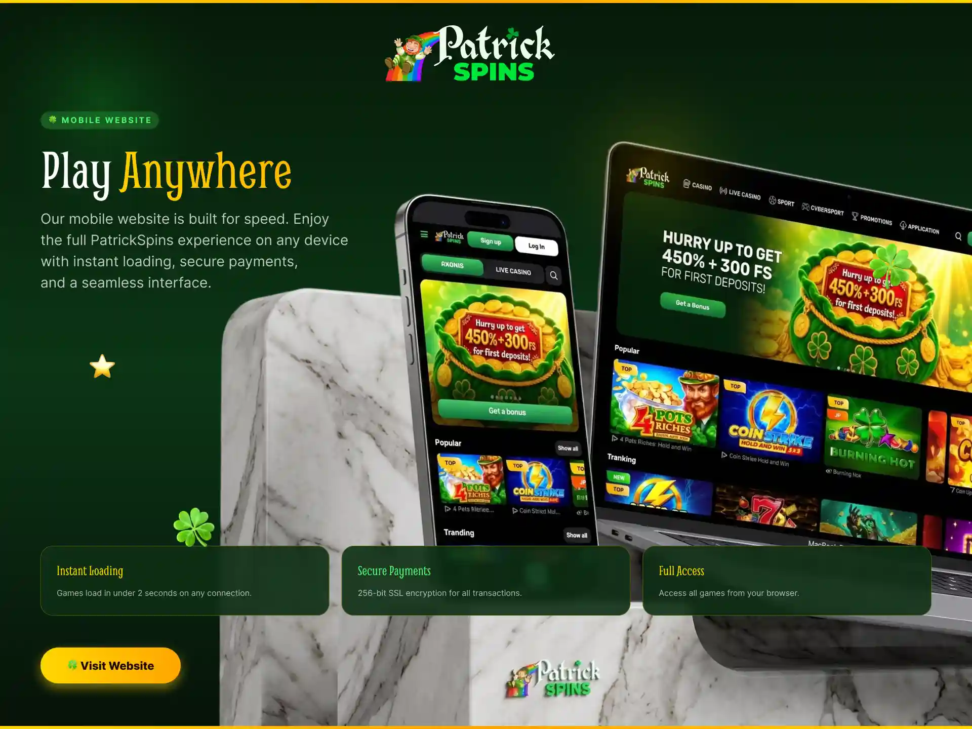Patrickspins mobile website for betting and casino without downloading an app.