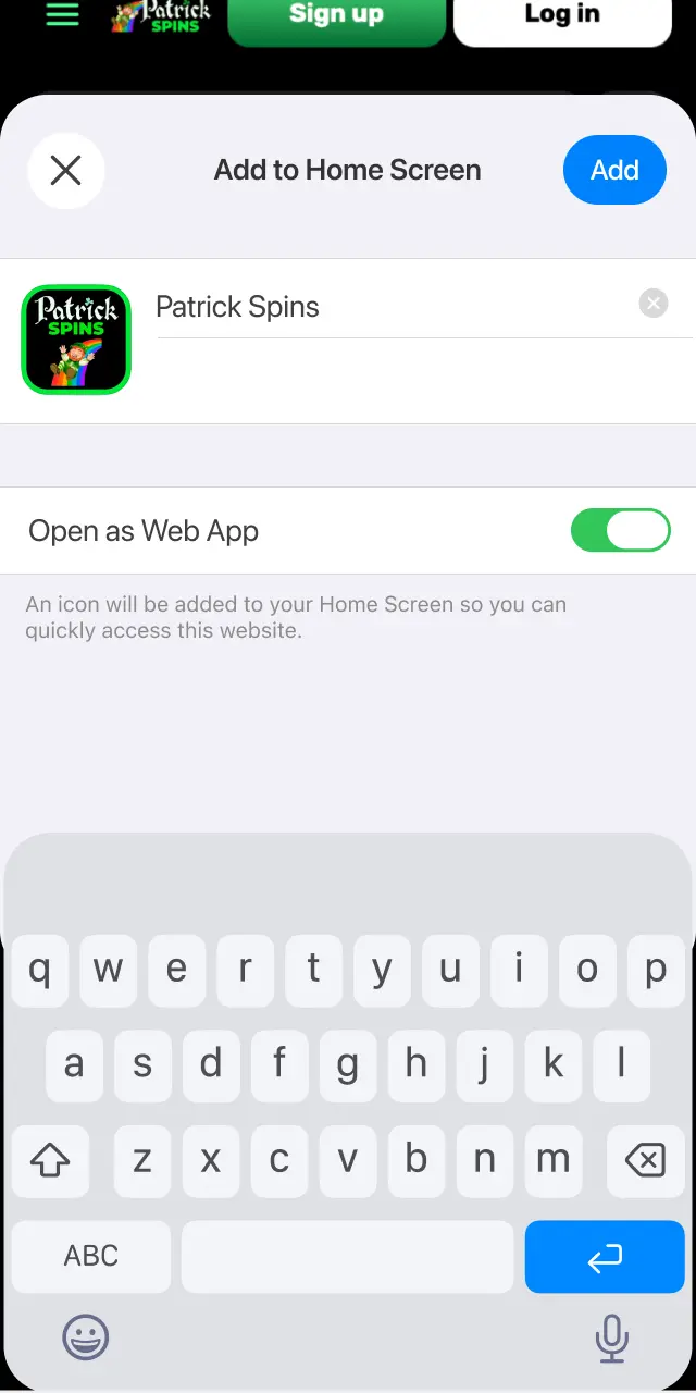 Scroll through the share menu and tap Add to Home Screen for Patrickspins.