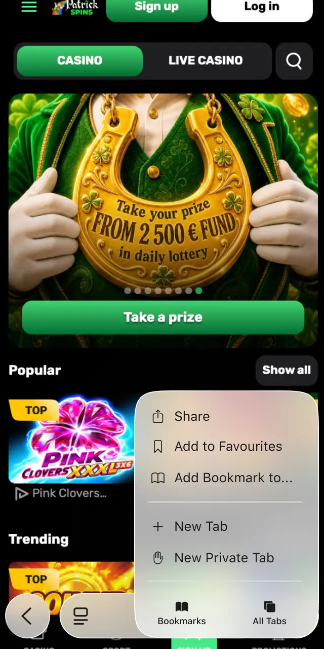 Look for the iOS button near the bottom of the Patrickspins homepage and tap it.