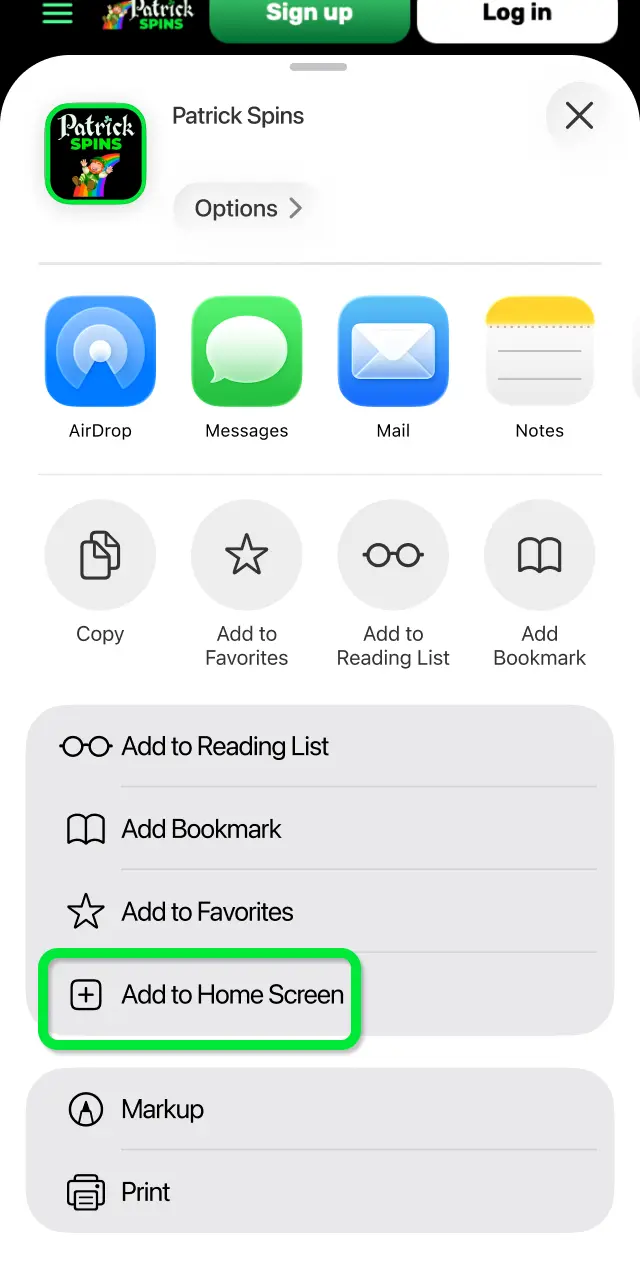 Tap the Share icon at the bottom of Safari to open the sharing menu for Patrickspins.