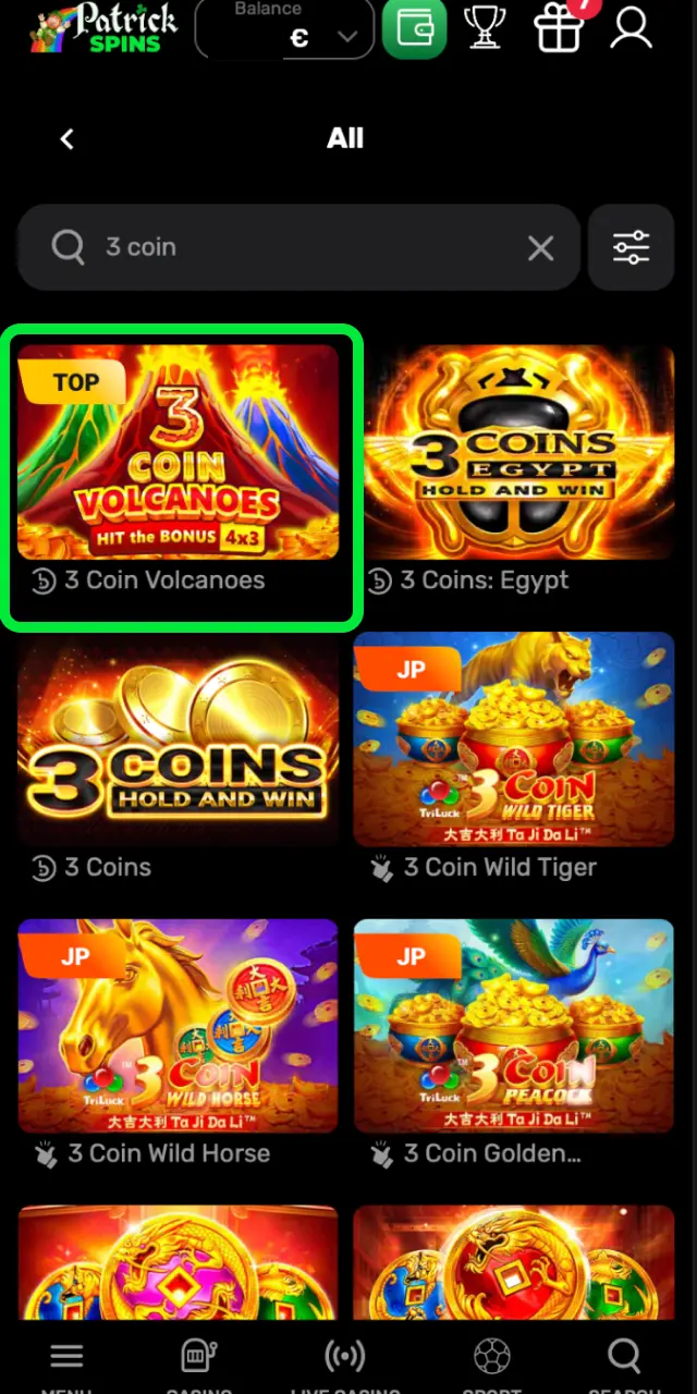 Head to the Casino section on Patrickspins UK, search for 3 Coin Volcanoes, and click to launch.