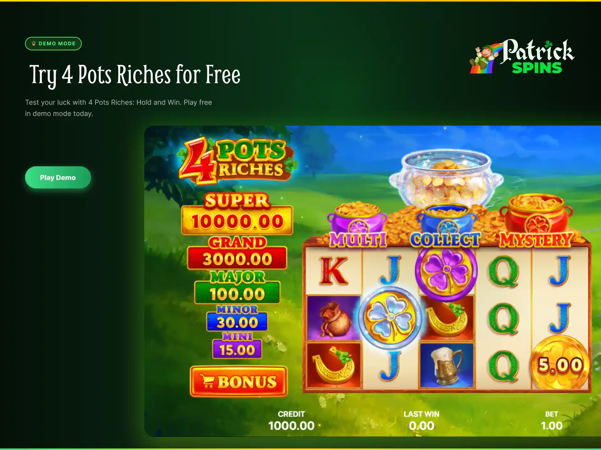 Try 4 Pots Riches Hold and Win demo mode on Patrickspins UK for free.