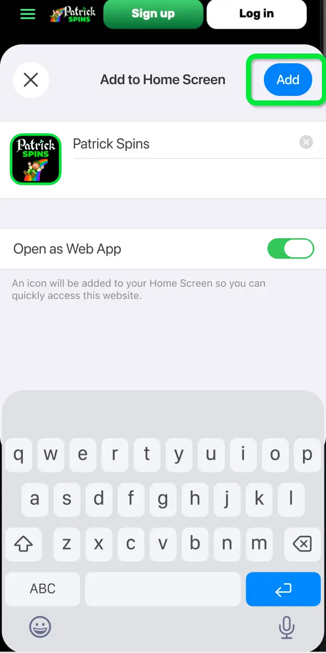 Tap Add to confirm the Patrickspins shortcut on your iOS home screen.