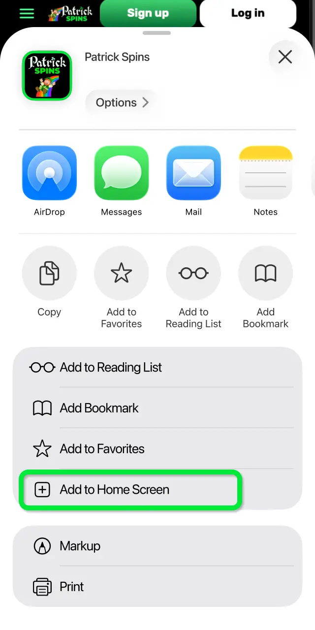 Choose Add to Home Screen from the share menu options for Patrickspins.