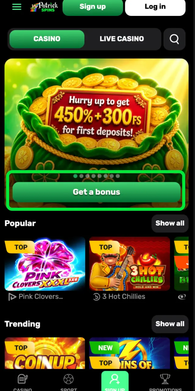 Tap the Visit button on this page and complete the Patrickspins registration form.