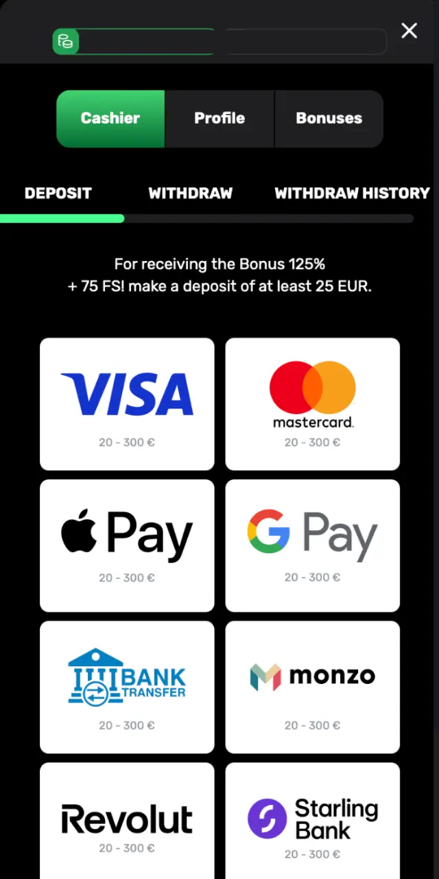 Head to the cashier on Patrickspins UK and add funds to your balance.