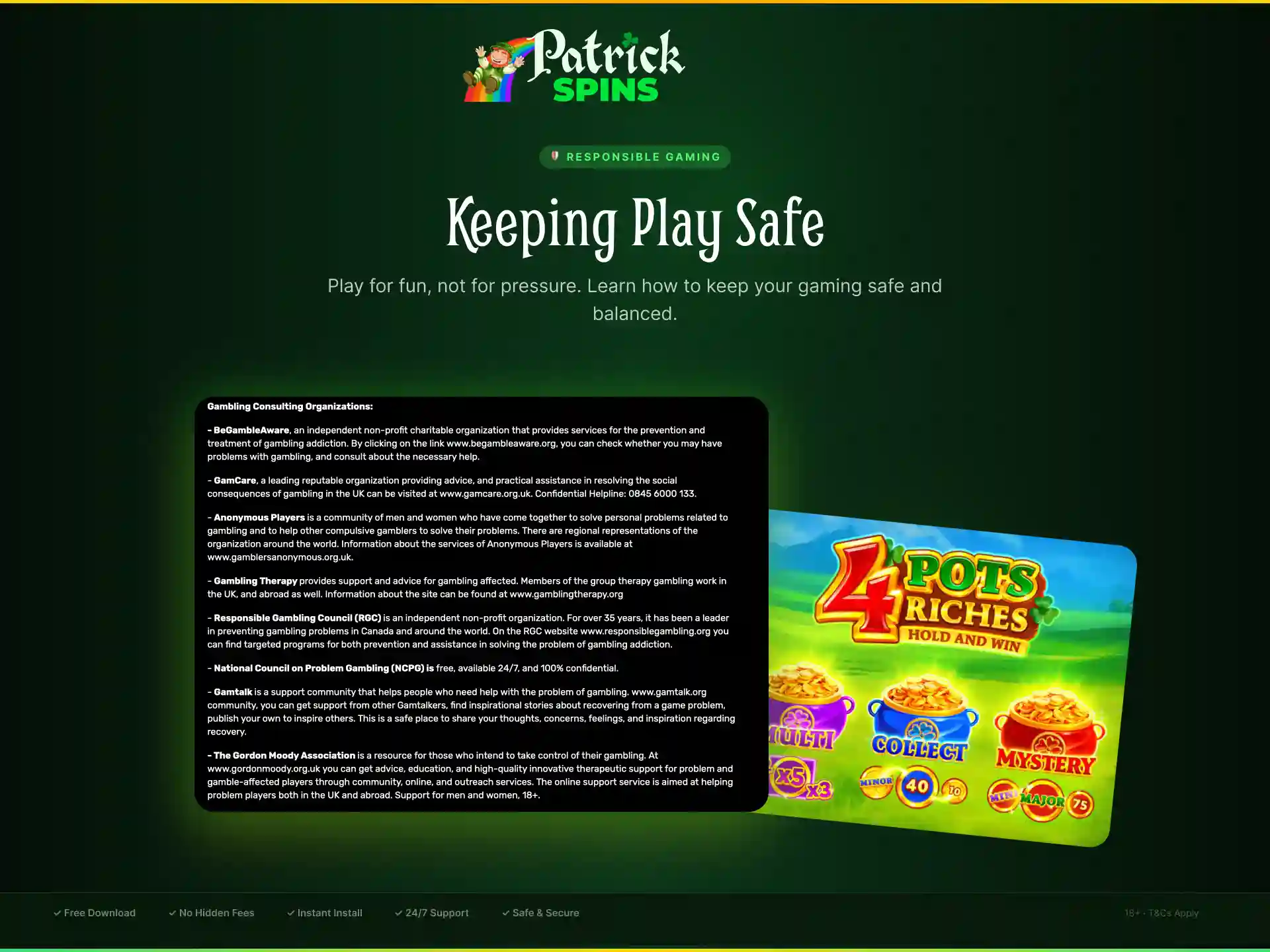 Responsible gaming tools on Patrickspins UK to keep play safe with 4 Pots Riches.