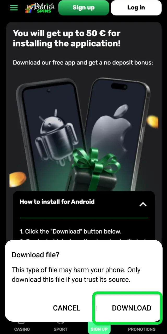 Confirm the download by accepting the prompt that appears on your screen for Patrickspins.