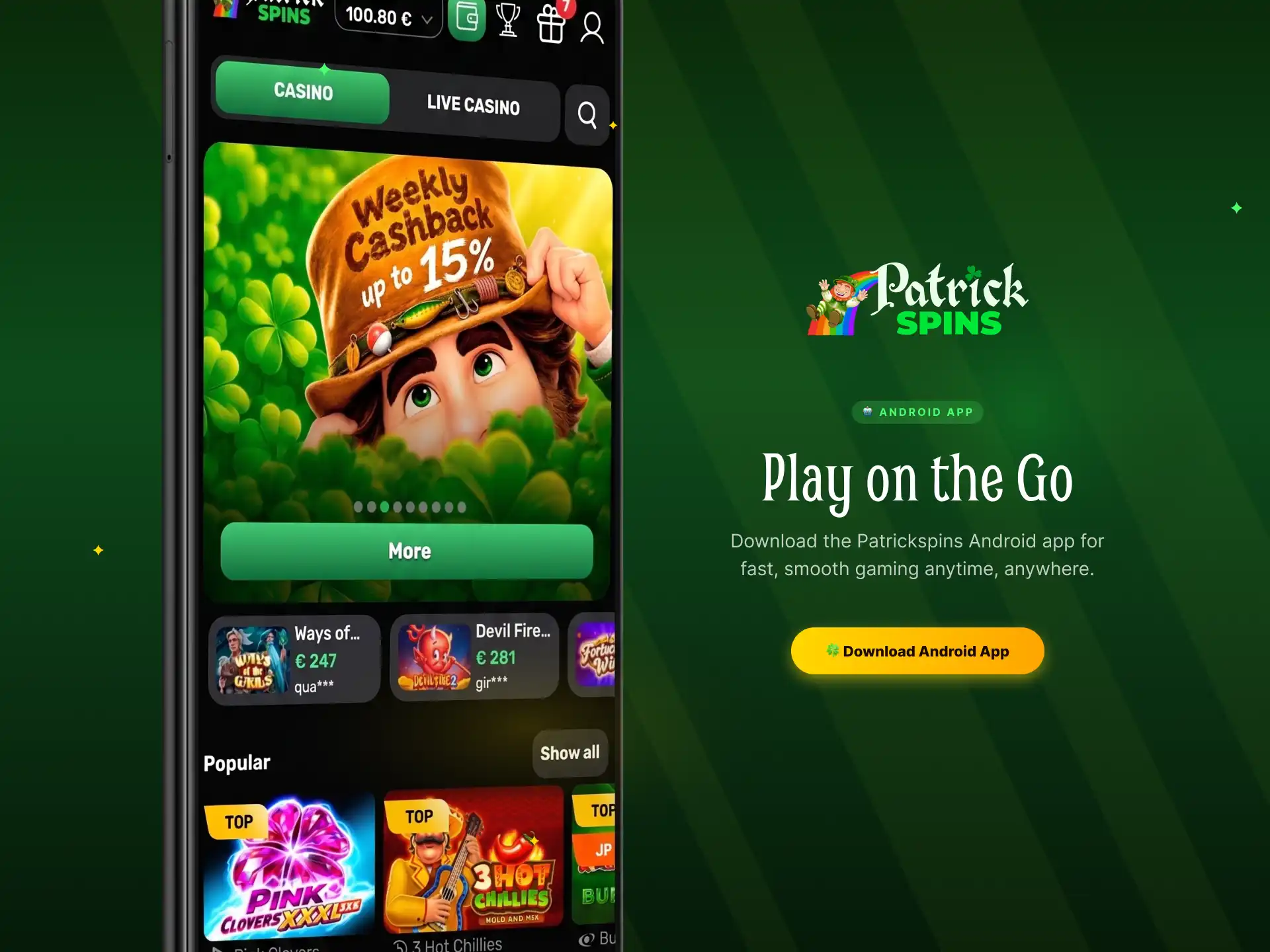 Patrickspins Android app for betting and casino on mobile devices in the UK.