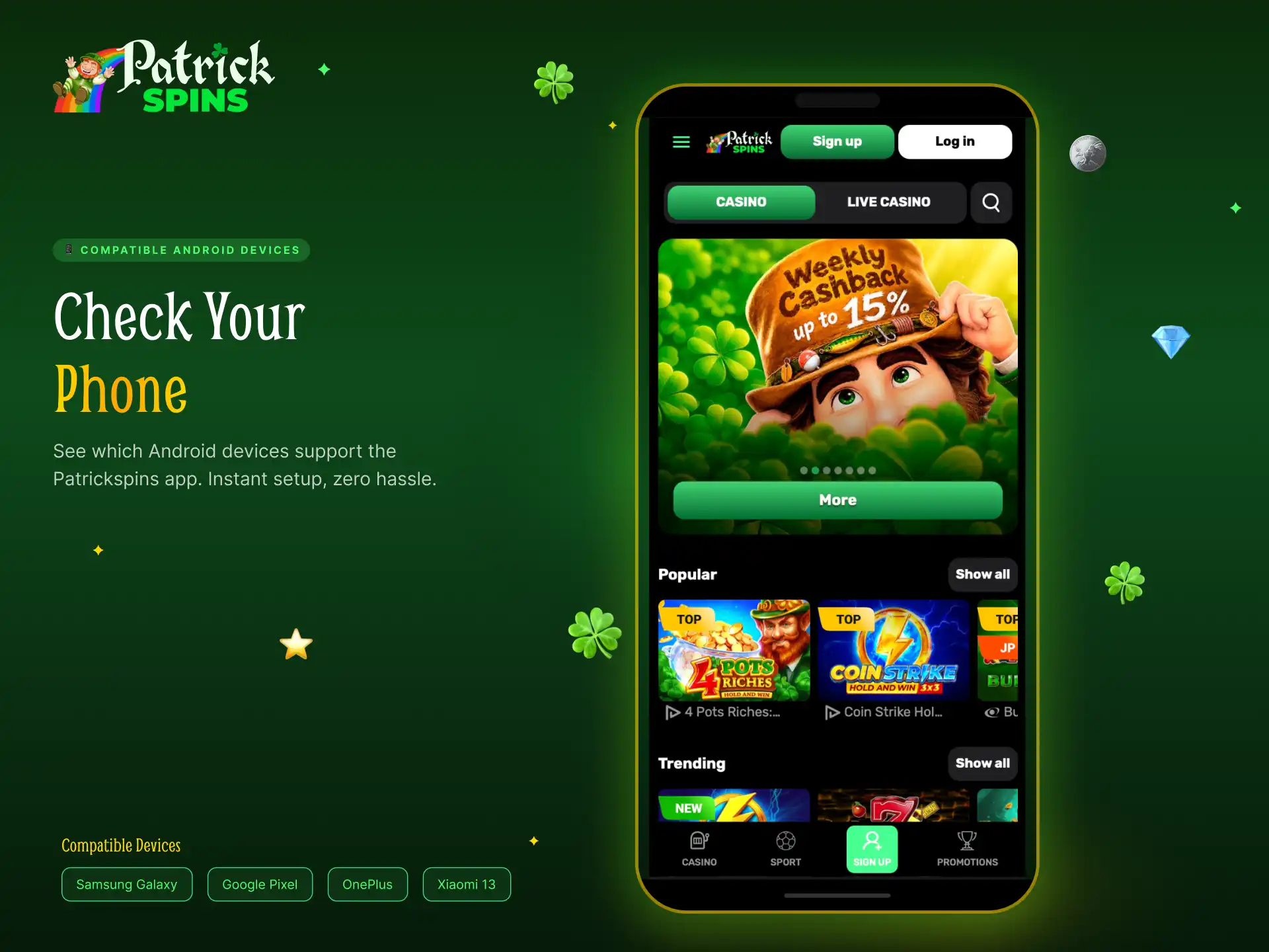 List of compatible Android devices for the Patrickspins app including Samsung and OnePlus.