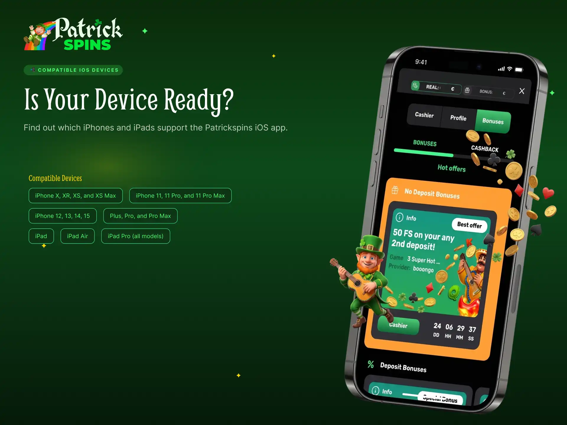 List of compatible iOS devices for the Patrickspins app including iPhone and iPad.