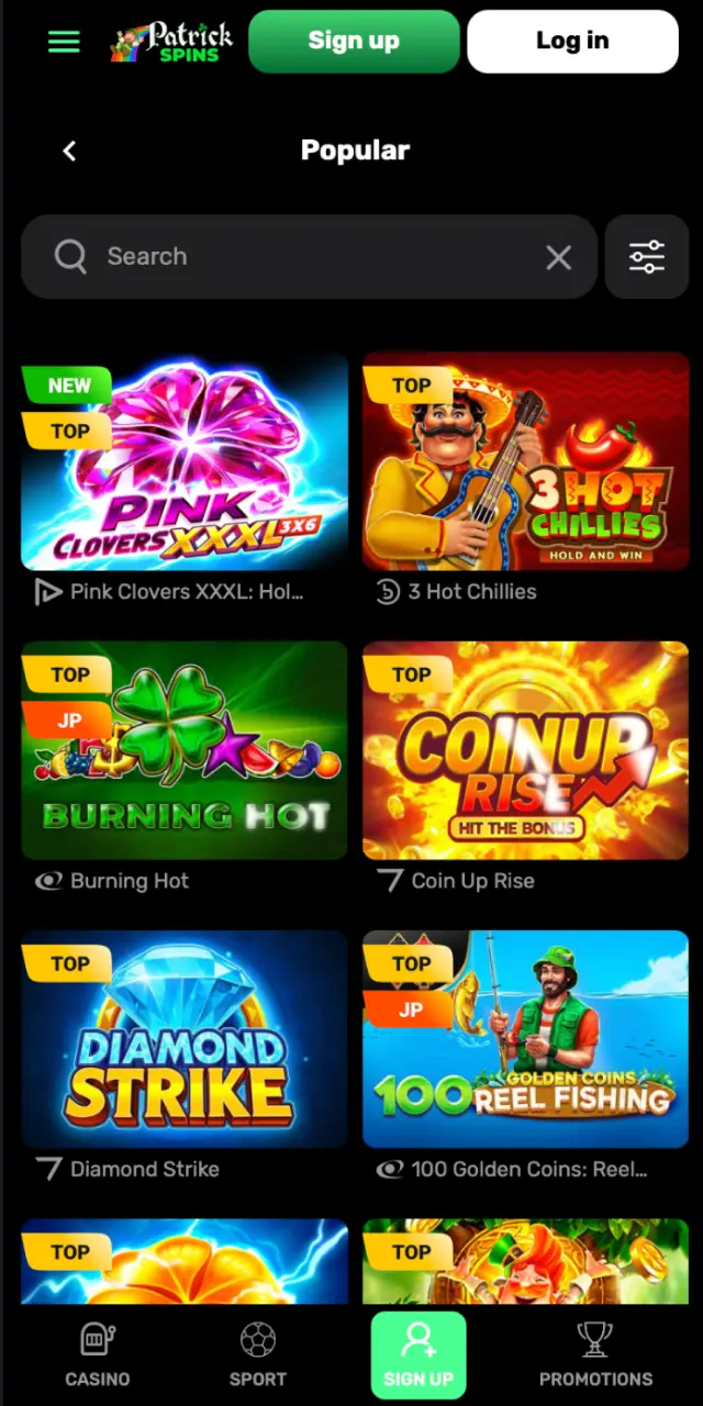 Casino lobby on Patrickspins app with slots, table games, and live dealers.