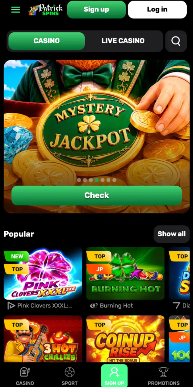 Patrickspins app homepage with access to sports, casino, and live events.