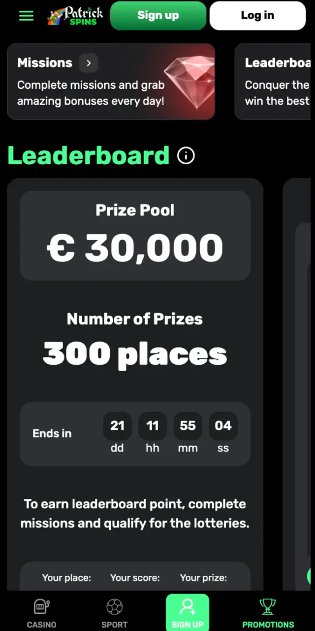 Promotions page on Patrickspins app with welcome bonuses and special offers.