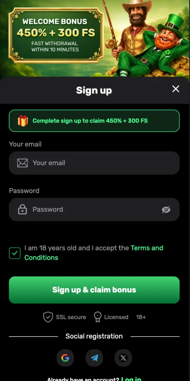 Registration form on Patrickspins app for creating your new betting account.