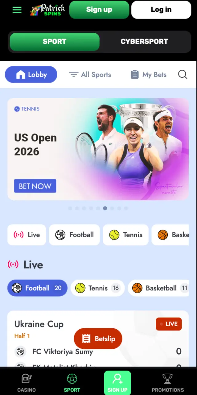 Sports betting interface on Patrickspins app with live odds and upcoming matches.