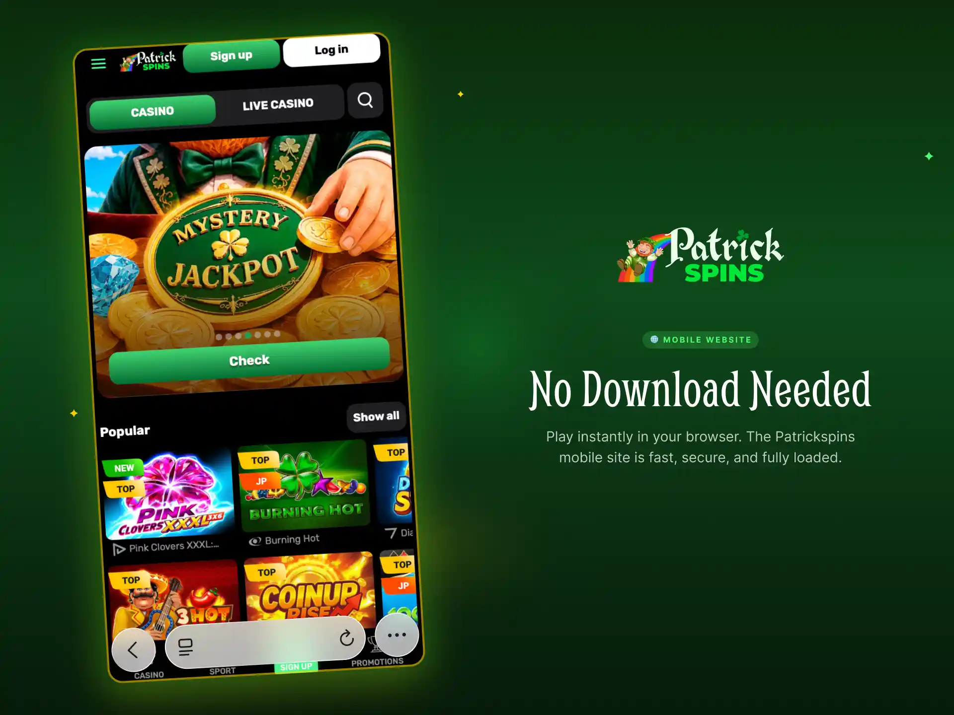 Patrickspins mobile website for betting and casino without downloading an app.