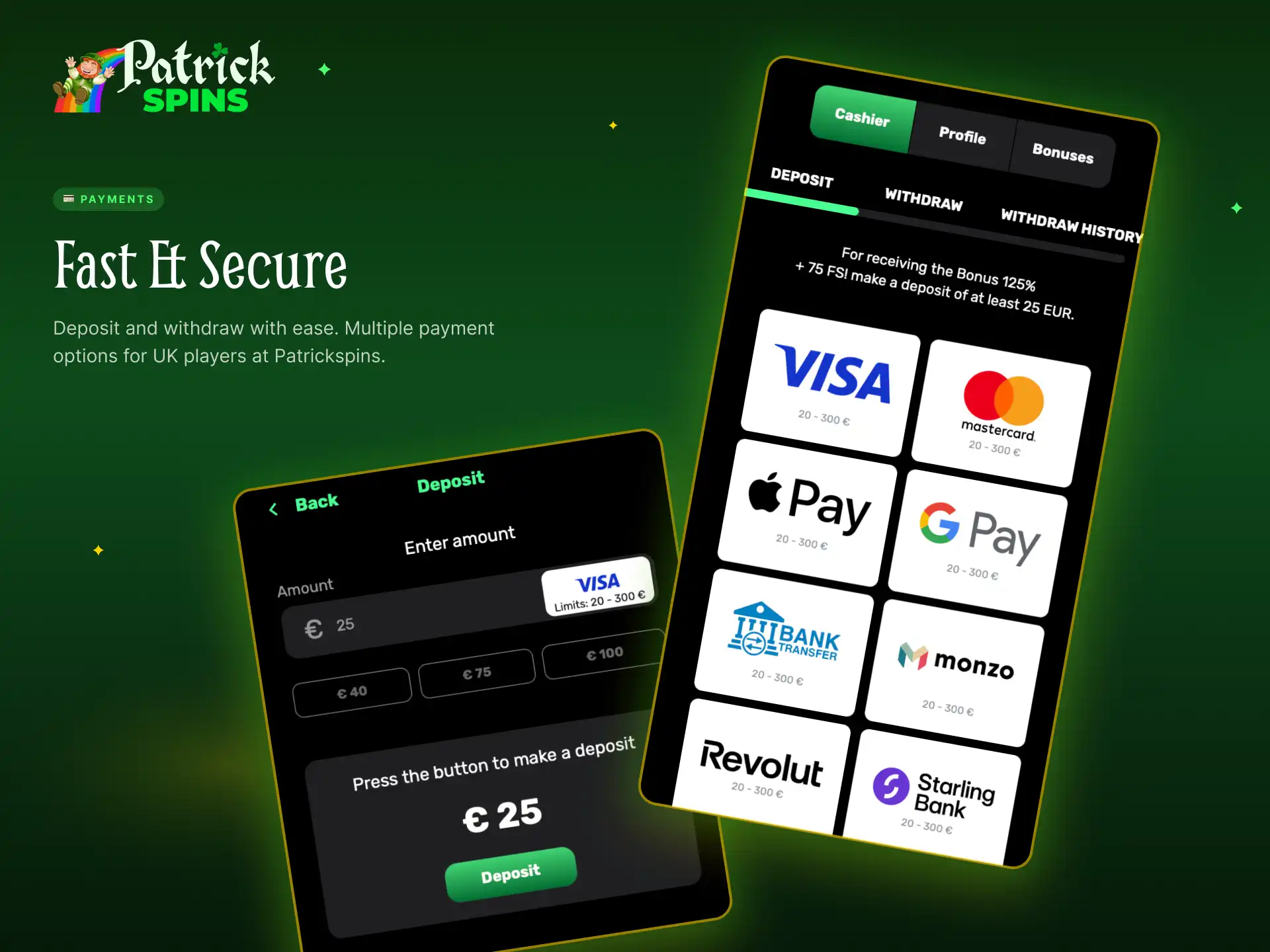Payment methods in the Patrickspins app for deposits and withdrawals in the UK.