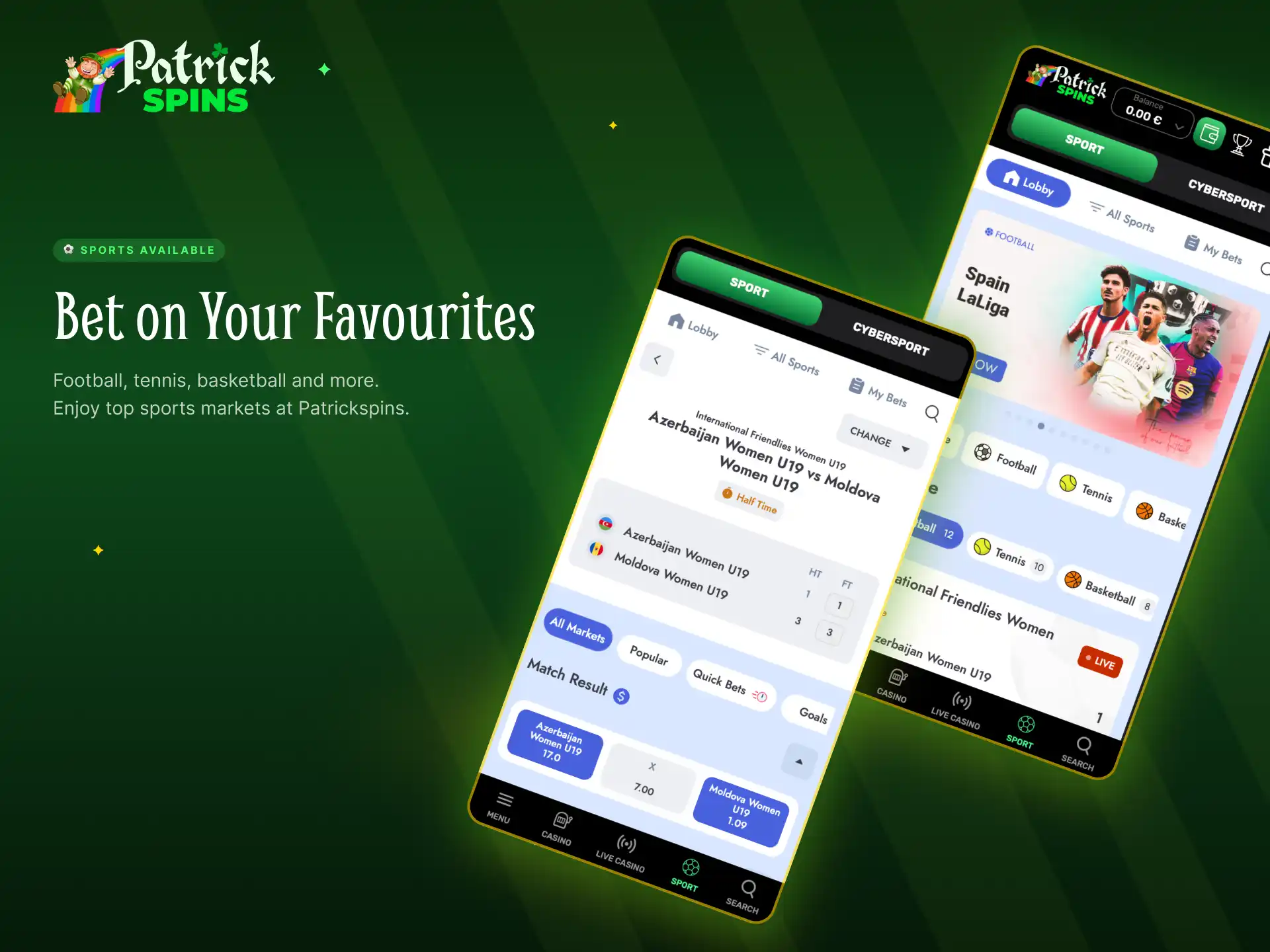 Sports available for betting on the Patrickspins app including football, tennis, and cricket.