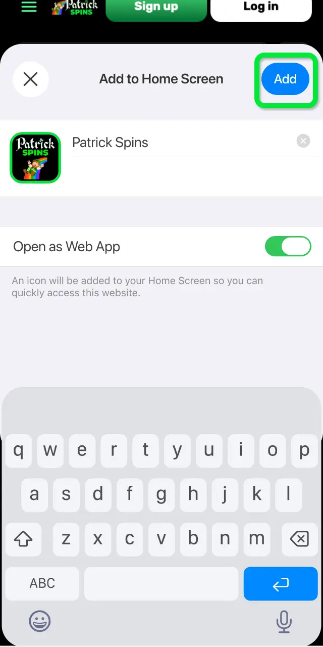 Scroll through the Share menu options and select Add to Home Screen for Patrickspins.