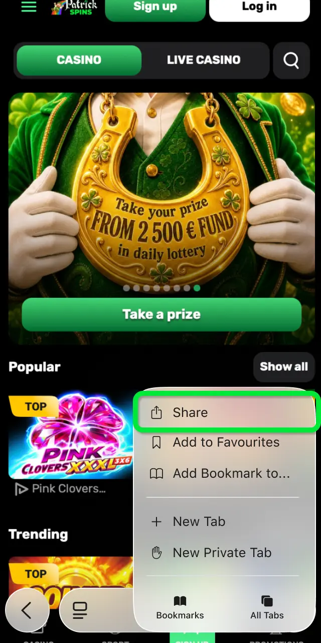 Look for the iOS app button near the bottom of the Patrickspins homepage and tap it.