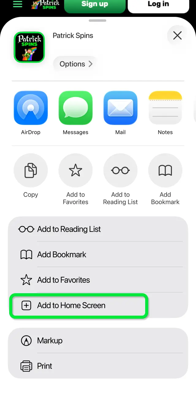 Tap the Share button at the bottom of Safari to open the sharing menu for Patrickspins.