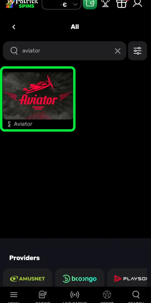 Navigate to the Casino section on Patrickspins UK, search for Aviator, and click to launch.