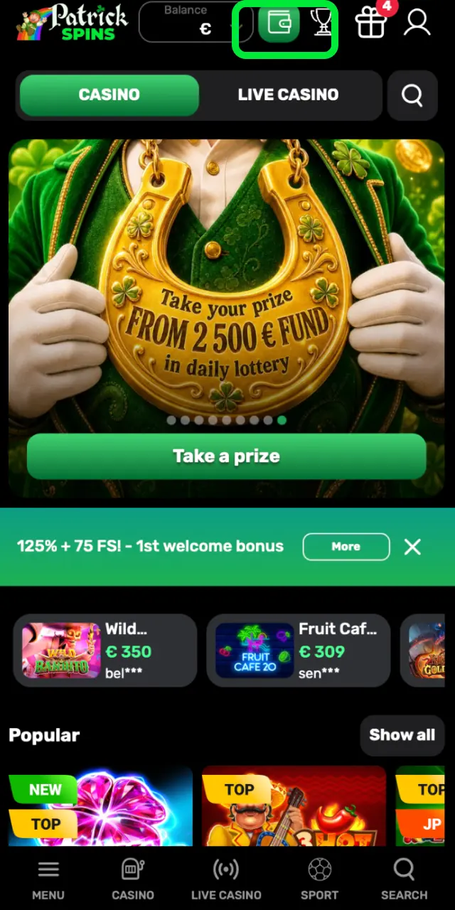 Head to the cashier on Patrickspins UK and deposit using VISA, Mastercard, or crypto.