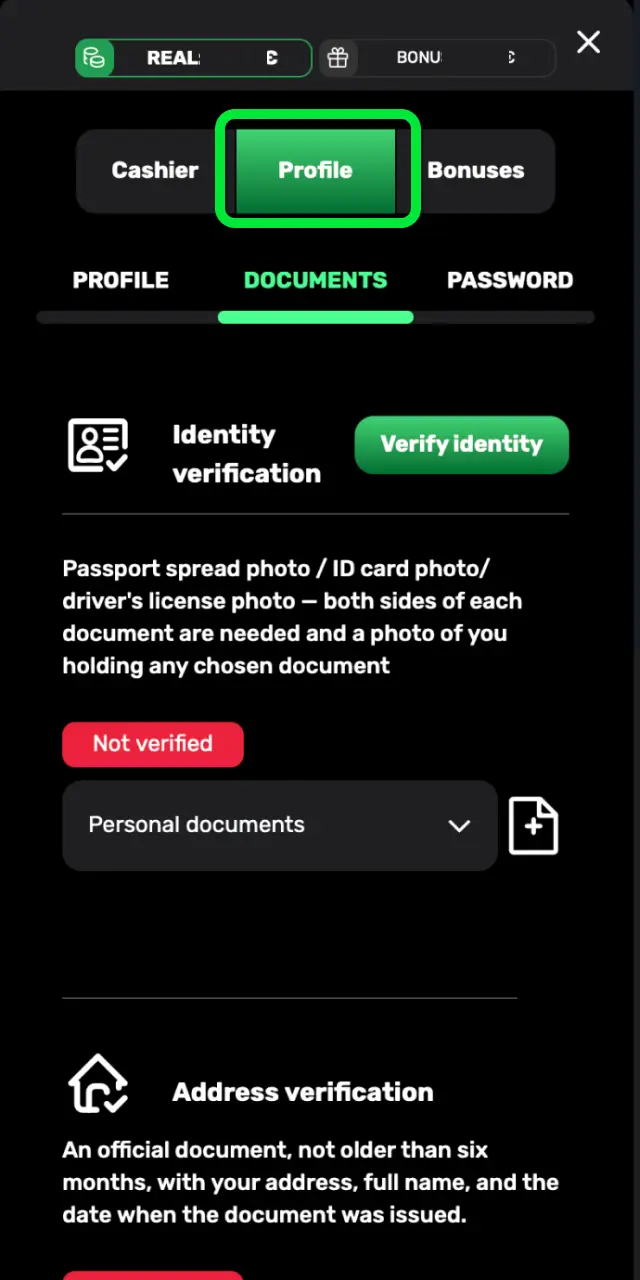Complete identity verification on Patrickspins UK by submitting the requested documents.