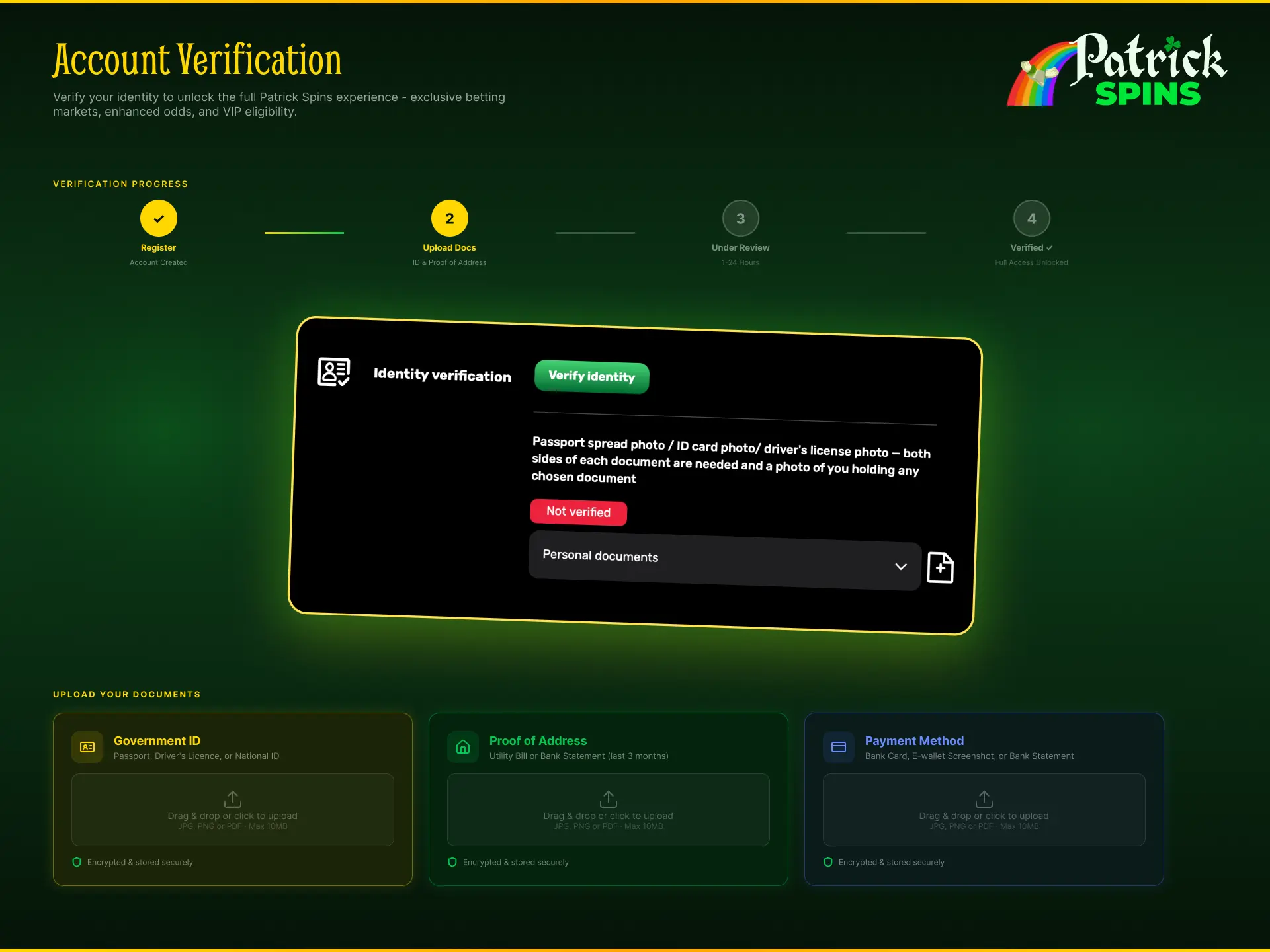 Account verification at Patrickspins UK to enable withdrawals and secure betting.