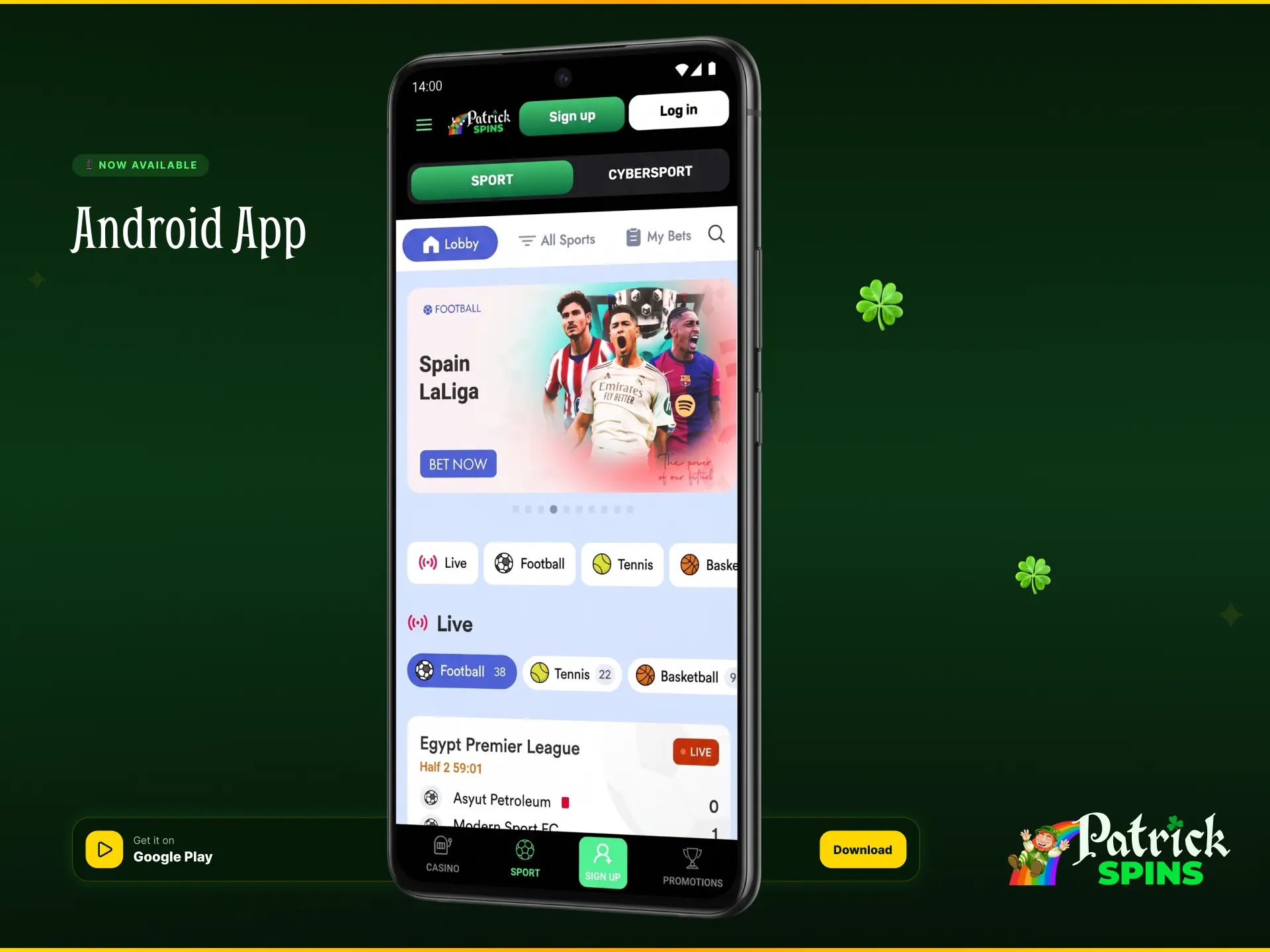 Download Patrickspins Android app to bet on sports from your mobile in the UK.
