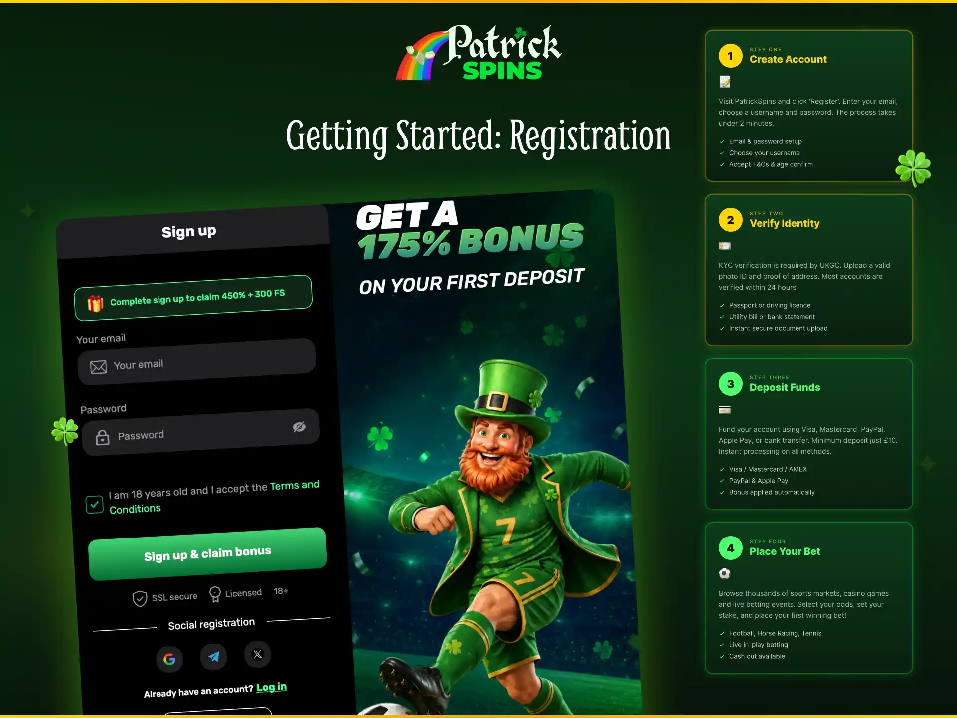 Get started with Patrickspins UK registration to create your betting account.