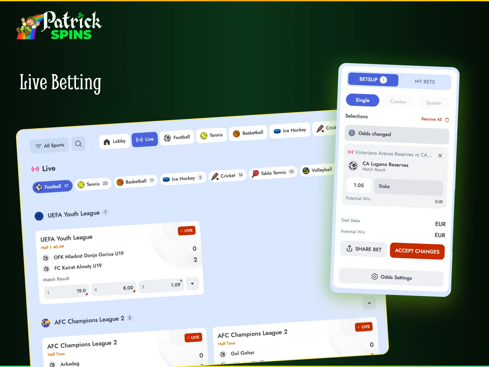Live betting at Patrickspins UK with dynamic odds updated in real time during matches.
