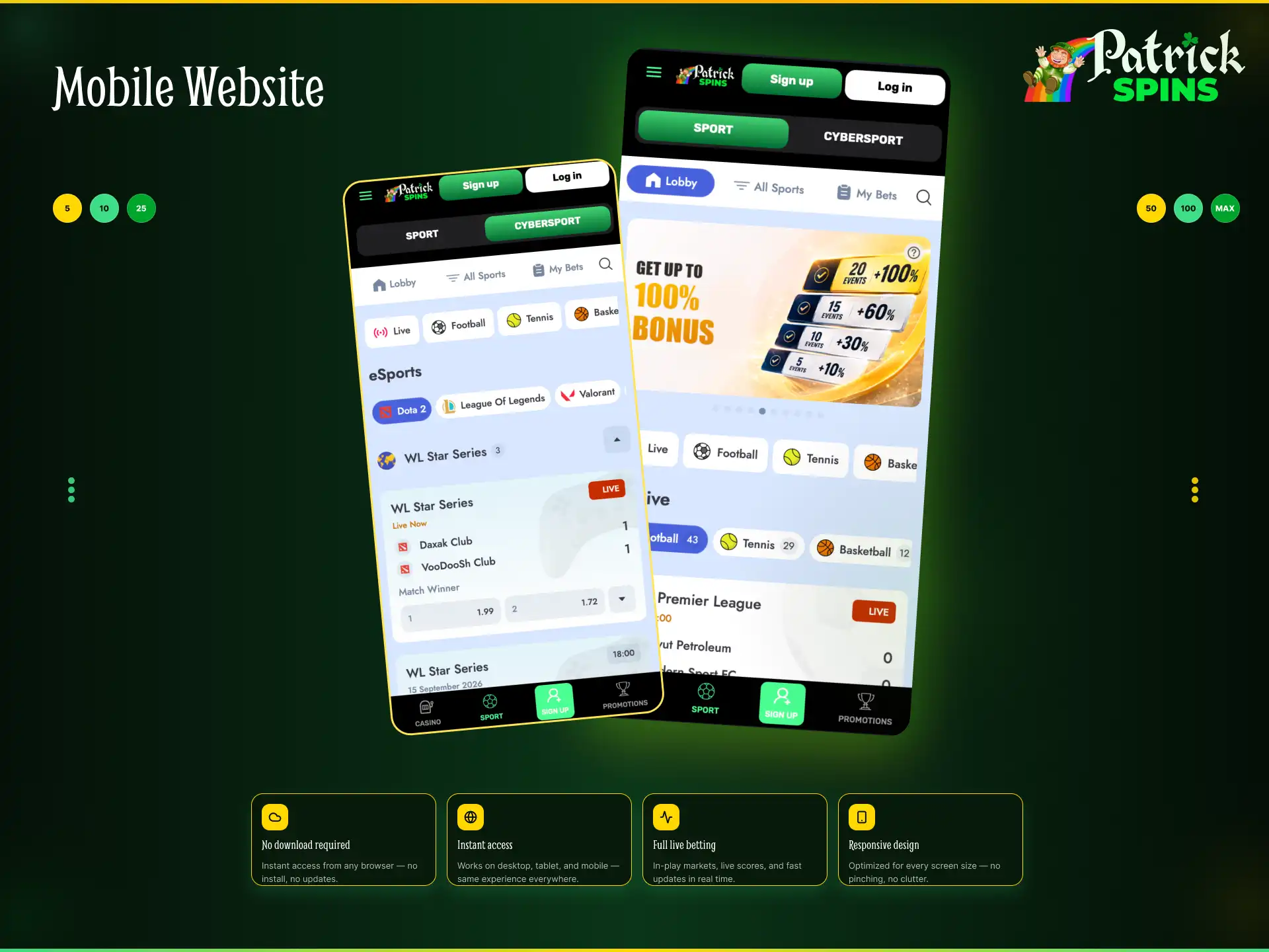 Patrickspins mobile website for betting without downloading an app.