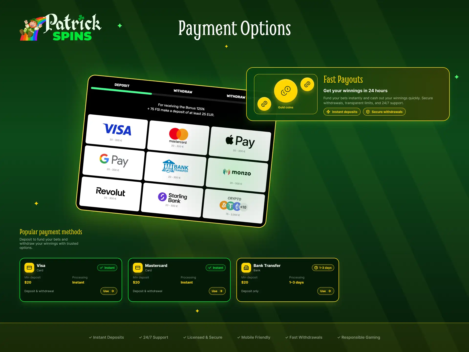 Payment options at Patrickspins UK including Visa, Mastercard, and crypto.
