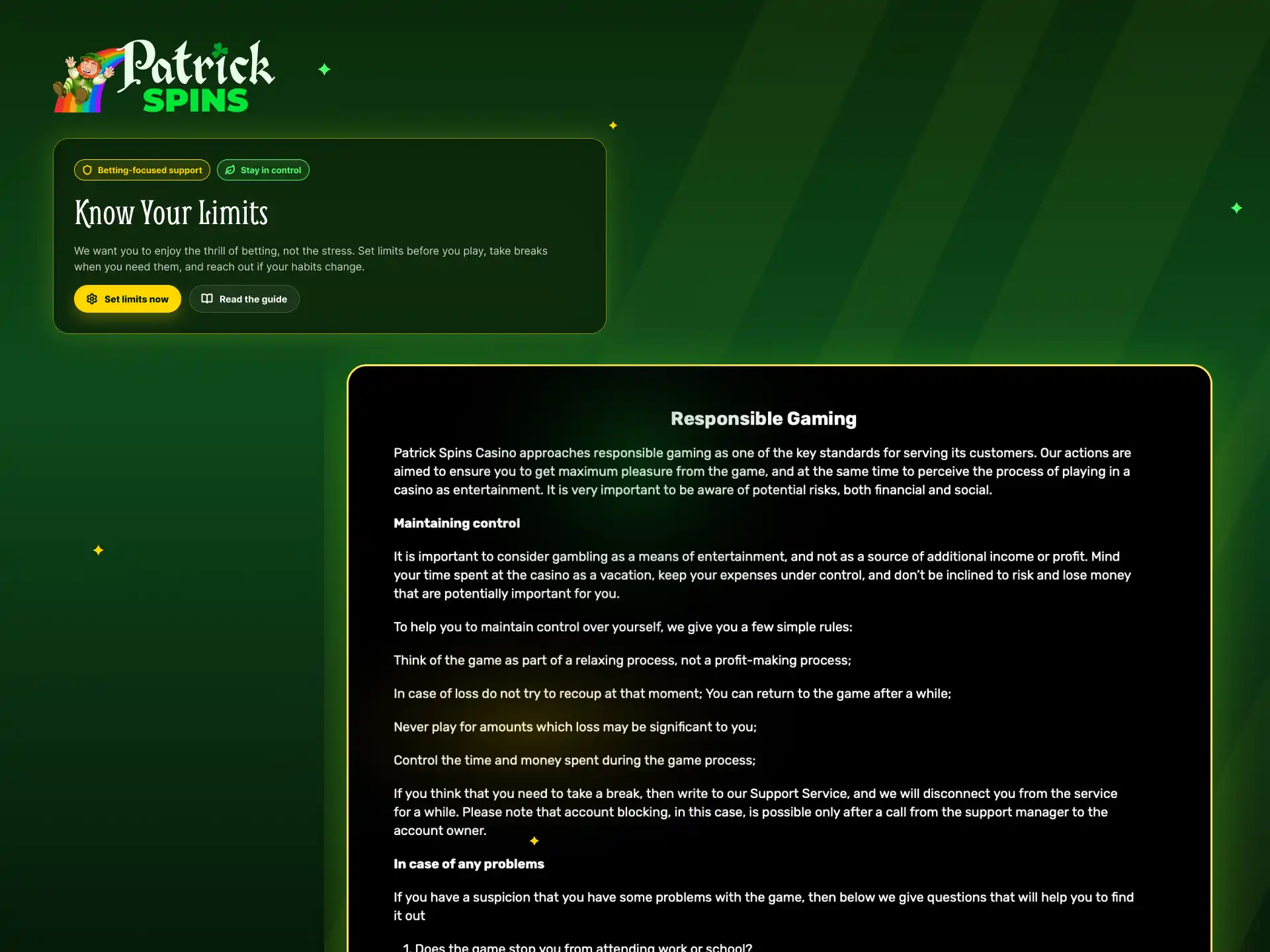 Responsible gaming tools at Patrickspins UK to set limits and protect your balance.