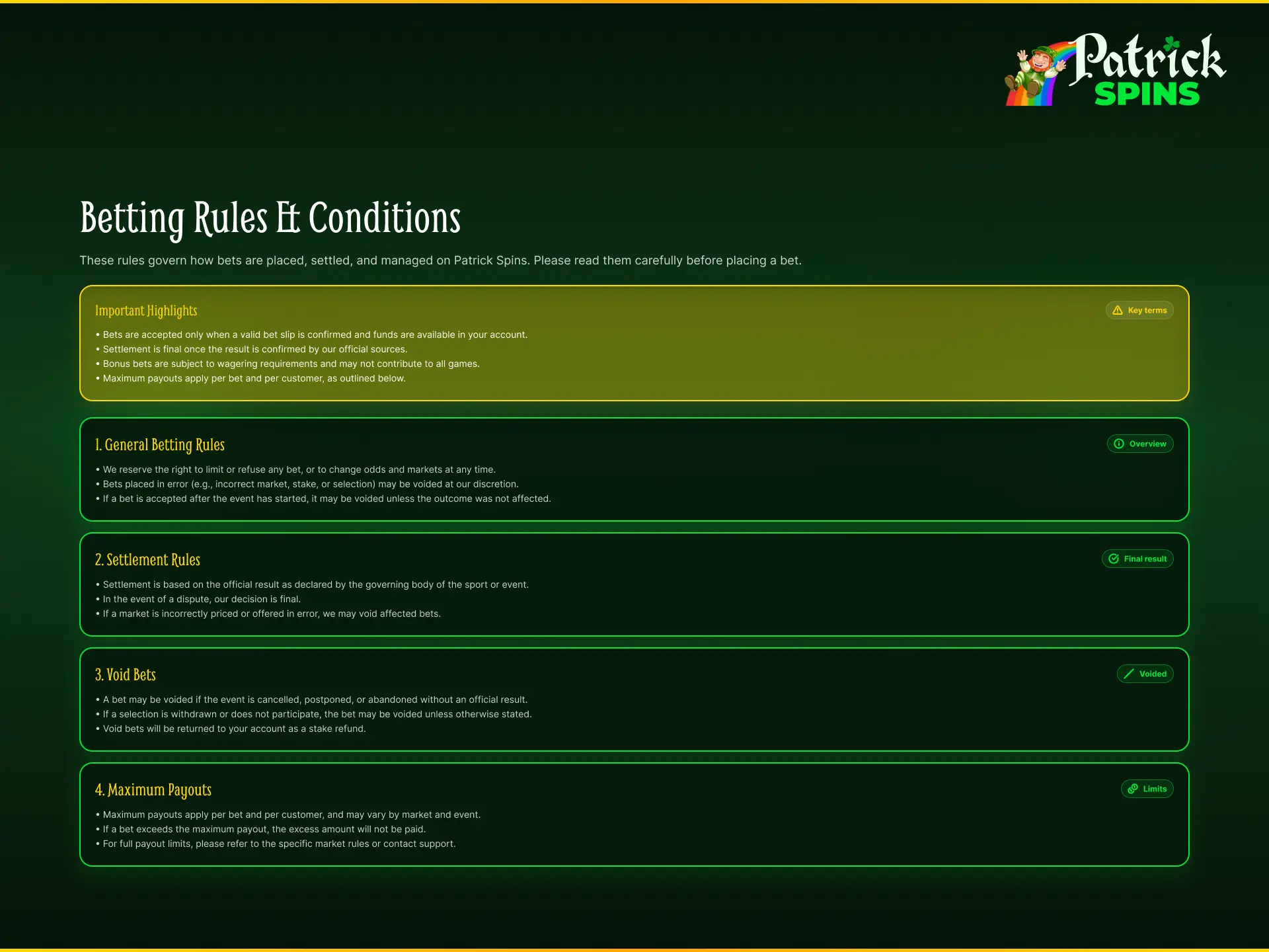 Rules and conditions for using Patrickspins UK sportsbook and casino.