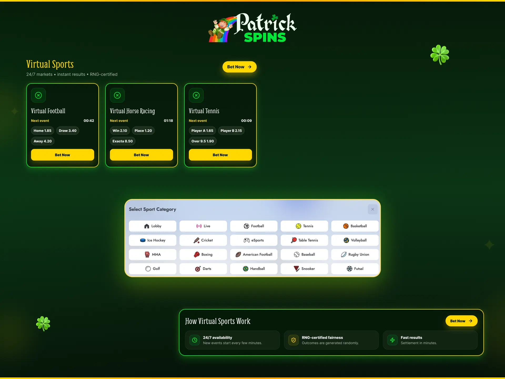 Virtual sports betting at Patrickspins UK with fast results and realistic simulations.