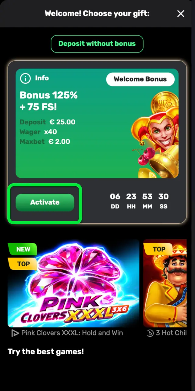 Enter your promo code in the Cashier section on Patrickspins UK if required.