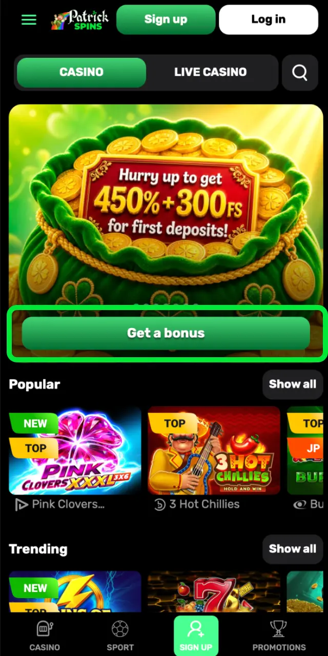 Complete the Patrickspins registration form with your details and UK age verification.