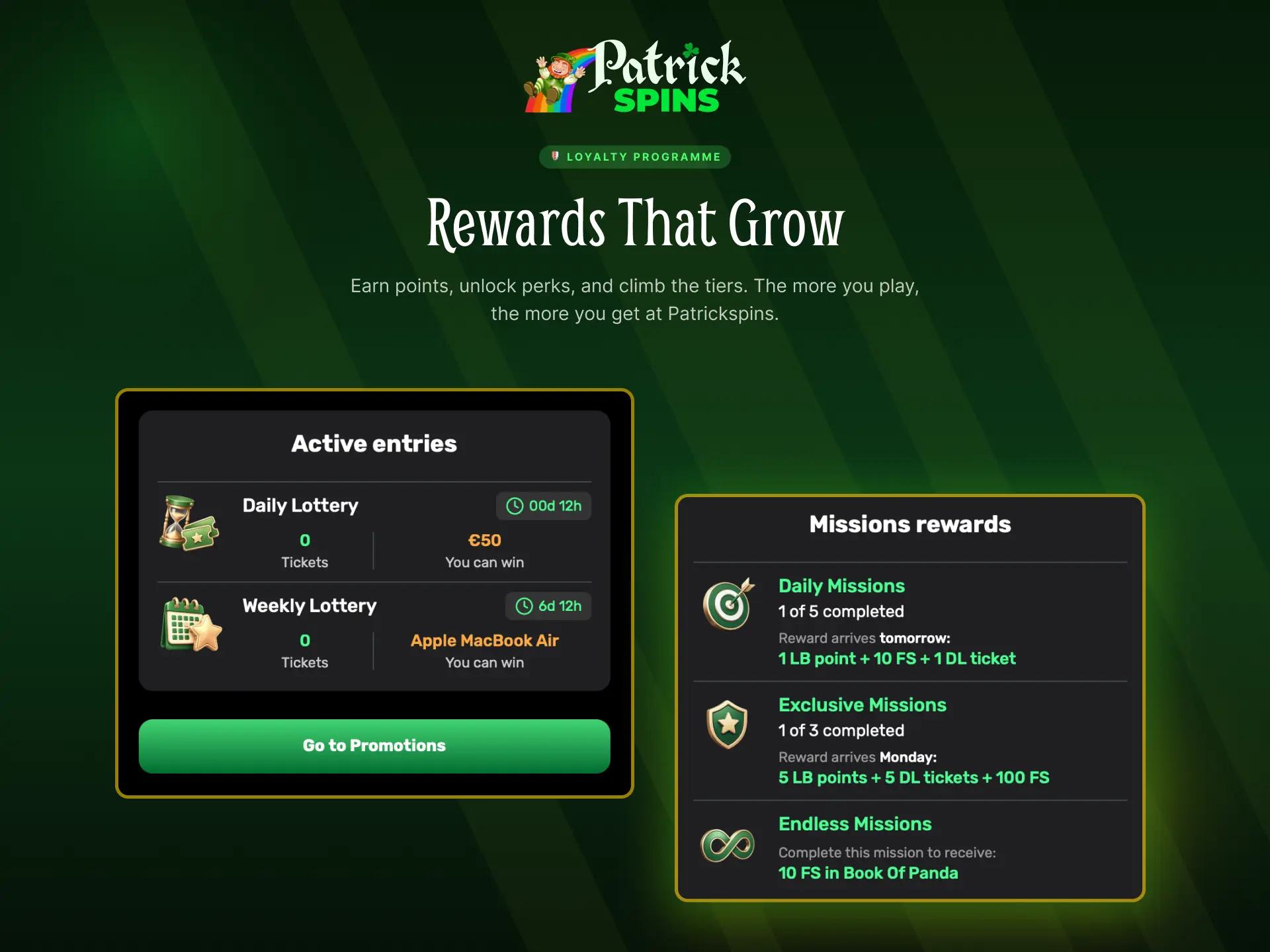 Loyalty programme at Patrickspins UK with exclusive rewards for active players.