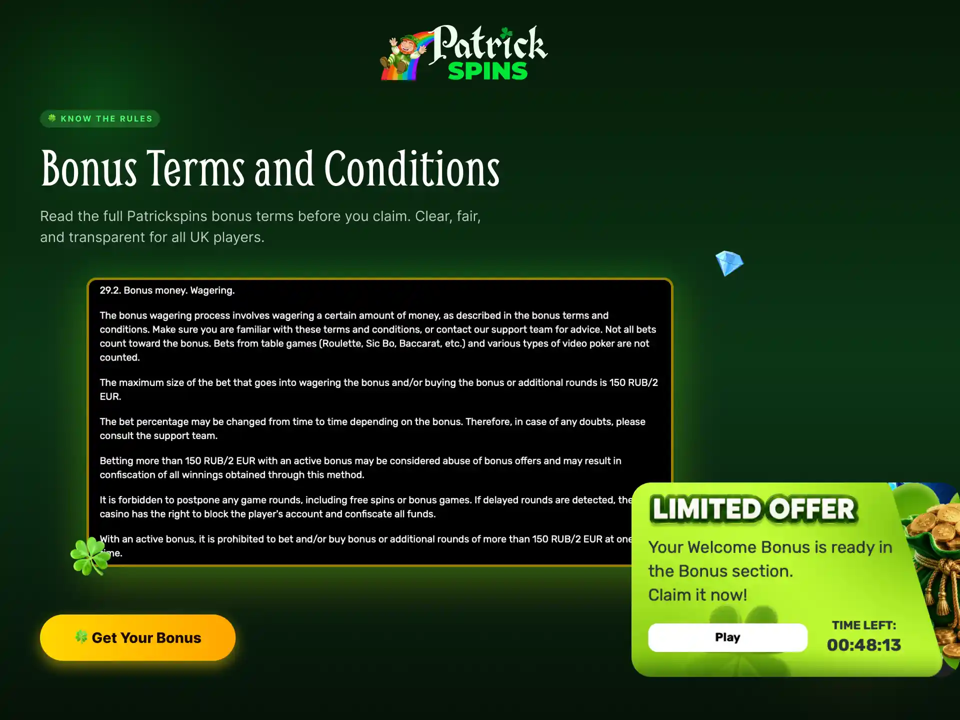Bonus terms and conditions at Patrickspins UK including wagering requirements and expiry dates.