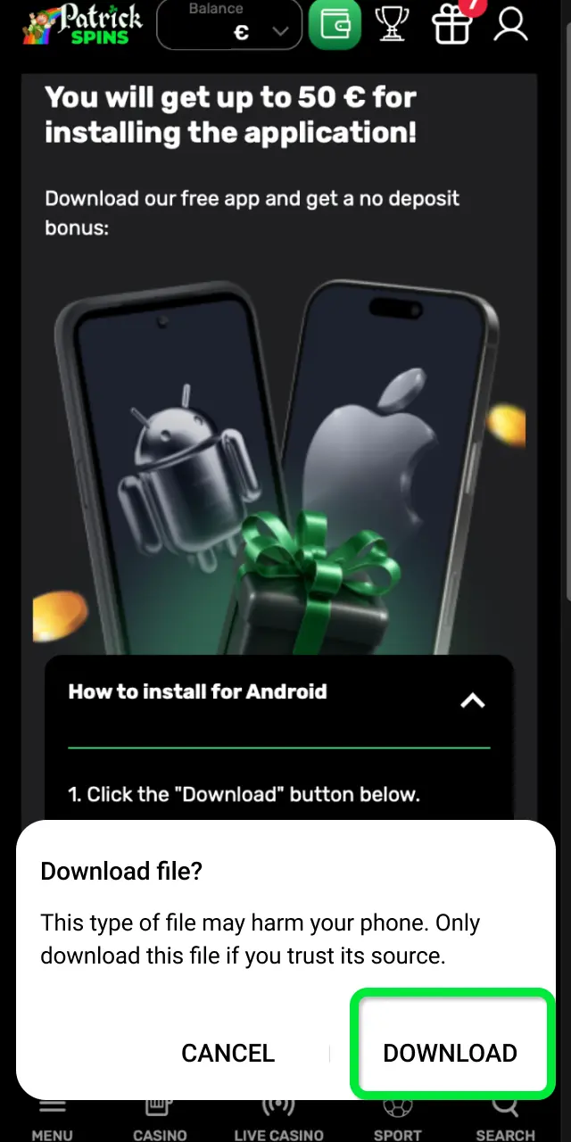 Press the Download APK button on this page to begin downloading the Patrickspins app.