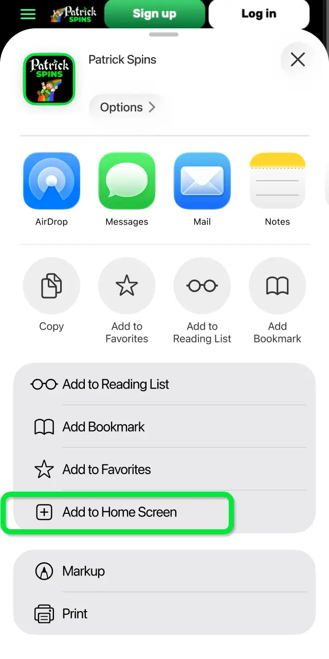 Scroll through the Share menu and tap Add to Home Screen for Patrickspins.