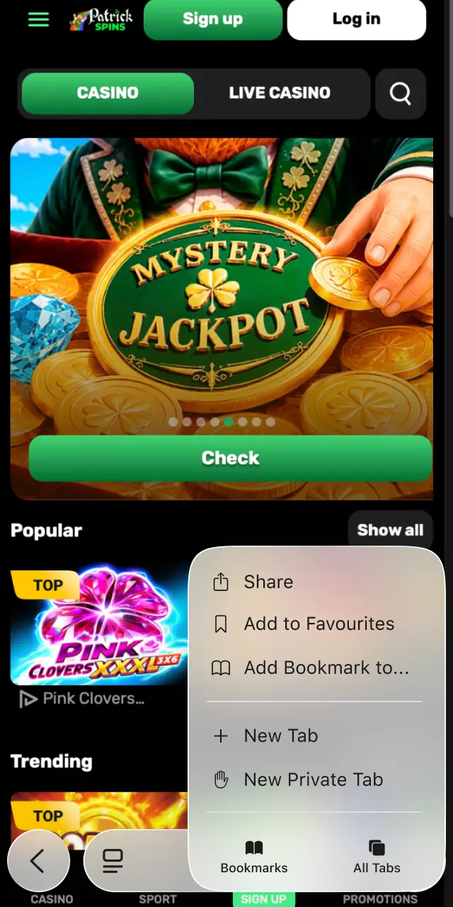 Locate and tap the iOS button near the bottom of the Patrickspins homepage.